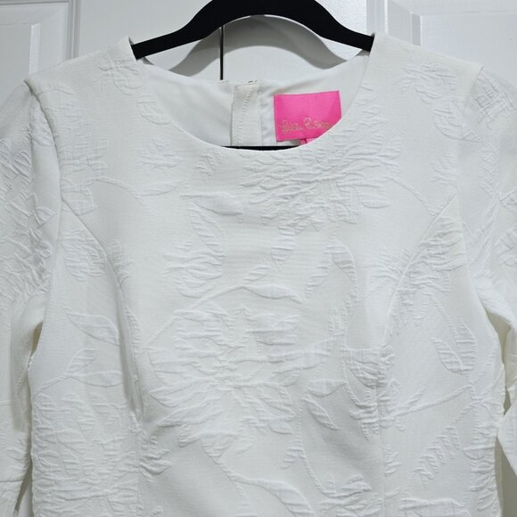 Lilly Pulitzer - 4 - Kayla Stretch Dress Fern Pucker Jacquard Bell Sleeve White - Picture 5 of 9